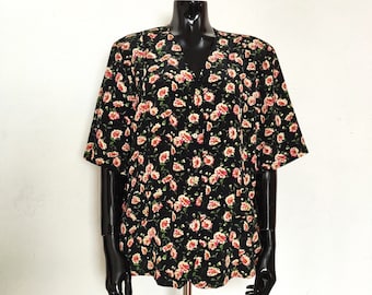 Vintage Women's Black Floral Blouse // Short Sleeve Shirt // Flower Print Button Up Shirt // 90s Clothing // XL