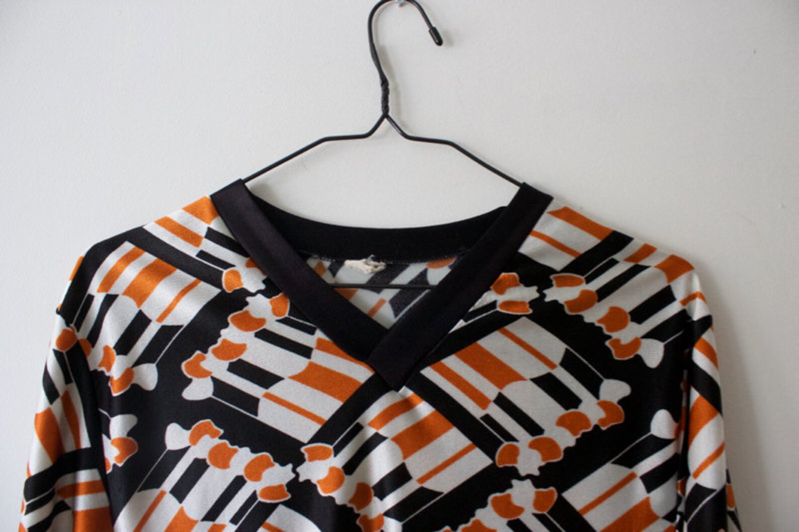 All-over geometric print long-sleeved box shirt, men's size L unclear white type Vintage Second Hand