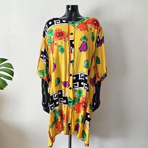 Vintage Women&#39;s Plus Size Yellow Floral Abstract Blouse // Retro Oversized Long Shirt // Buttoned Top // Size 58/60 XXXL // 80s 90s Clothing