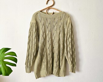 Vintage Women's Light Green Knitted Sweater // Cotton Rayon Retro Jumper // Pullover // M Medium Sweater // 90s Clothing // Prizz