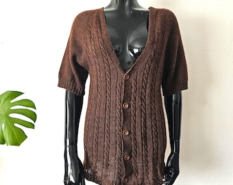 Vintage Women's Brown Buttoned Short Sleeve Cardigan // Cable-Knit V-Neck Shirt //X S S