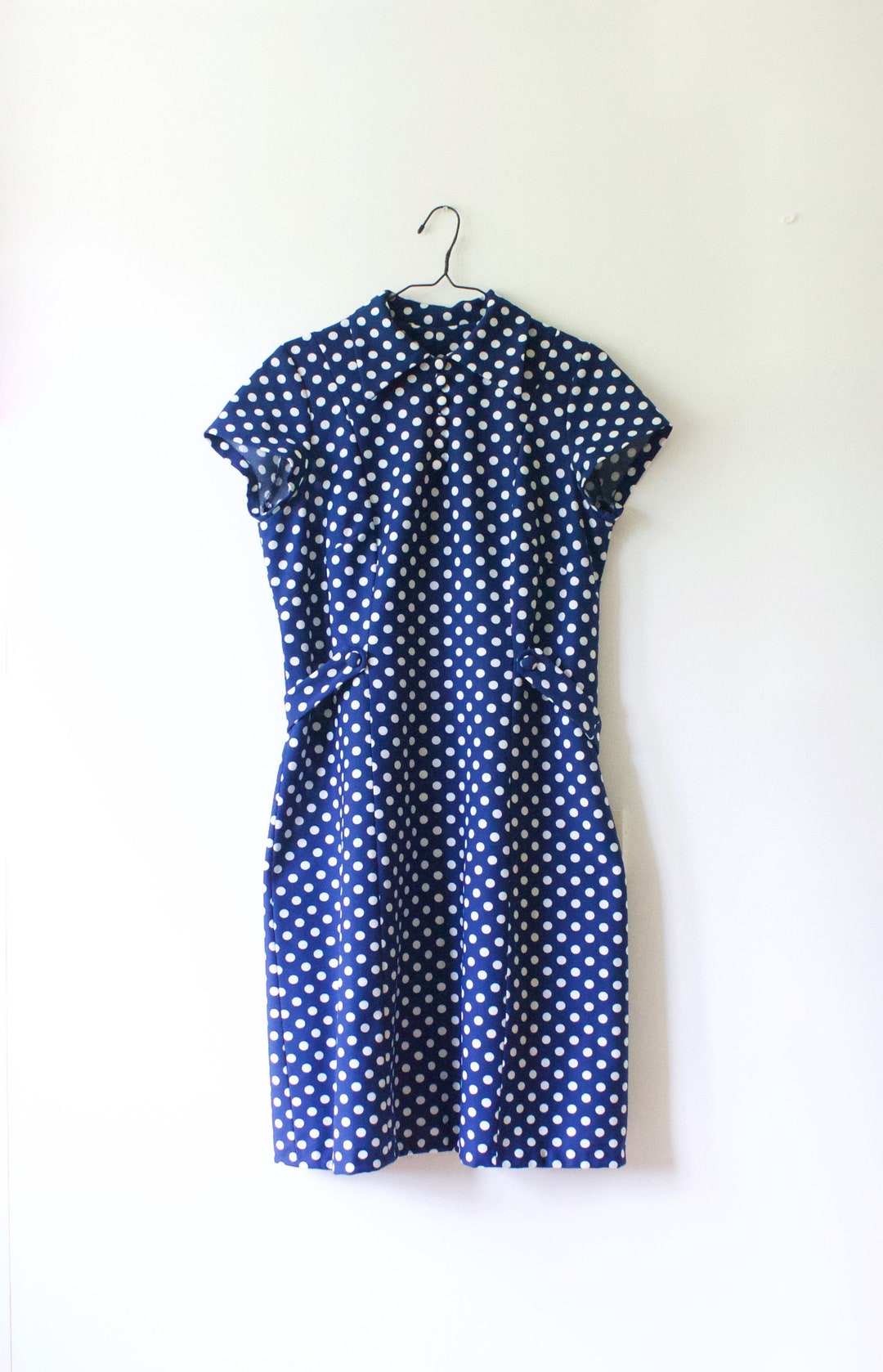 Vintage Blue White Polka Dot Midi Dress // Collared Belted - Etsy