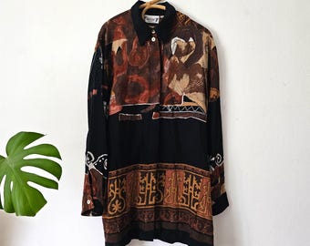 Vintage zwartbruine abstracte damesblouse // M L medium large // shirt met lange mouwen // button-up top // jaren 90 Y2k-kleding // marmelade
