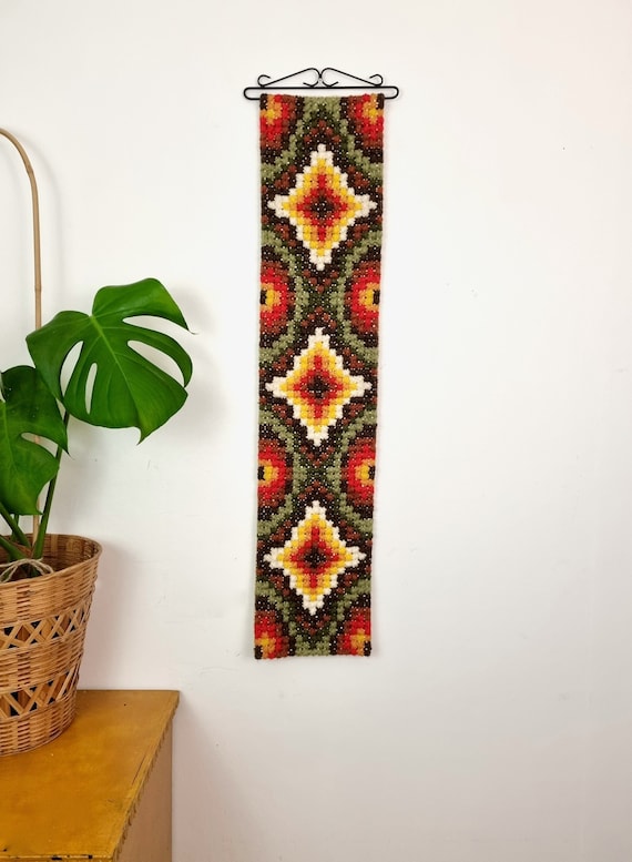 Vintage Cross Stitch Wool Wall Hanging // Hand Embroidered Etsy