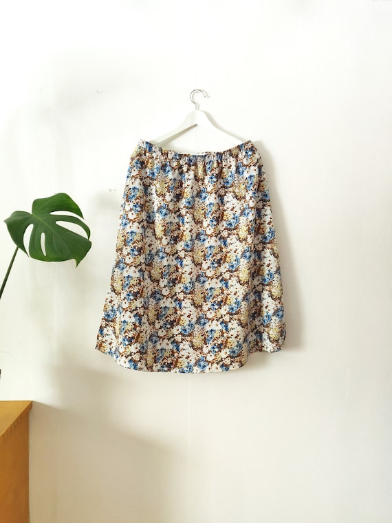 Vintage Floral Midi Skirt Blue Brown White Flower Polyester Skirt Elastic Waist Skirt A line Skirt 90s Skirt 44 XL Etsy UK