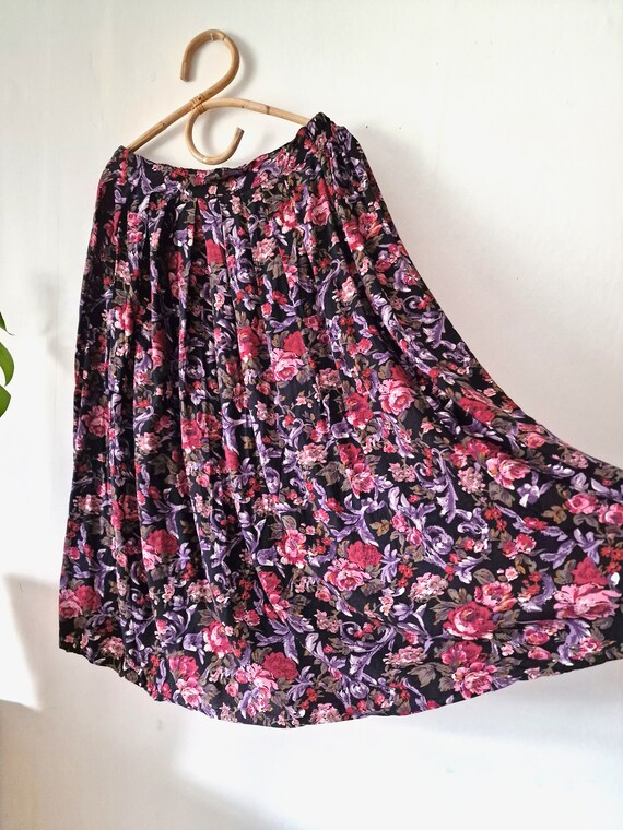 Vintage Black Purple Floral Midi Skirt // Multico… - image 5