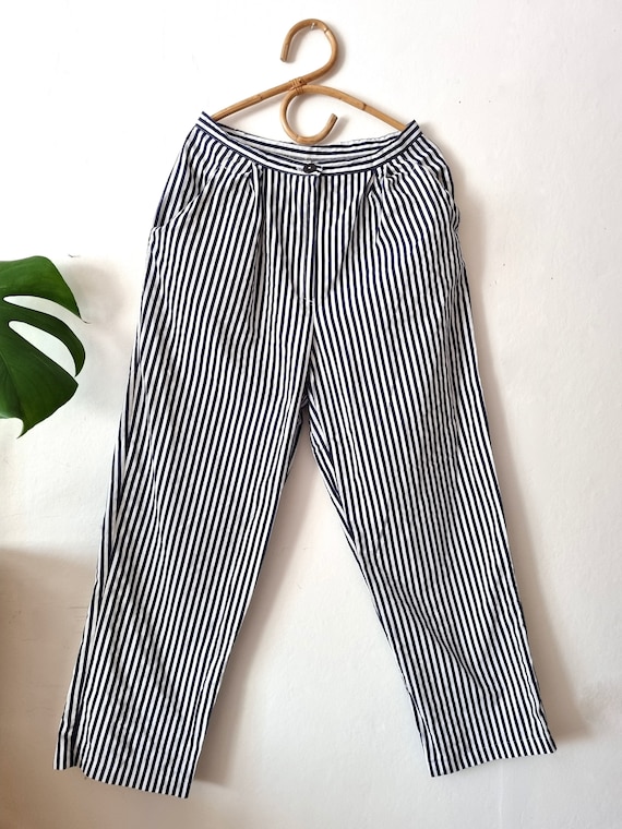Vintage Women's White Blue Striped Pants // Vertical Striped Pants //  Cotton Pants // White Blue Trousers // S Small // 90s Clothing 