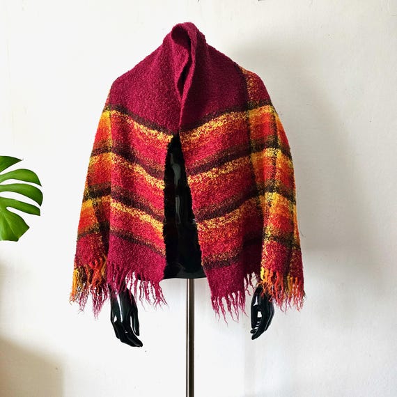 Vintage Red Yellow Orange Wool Shawl // Scarf Fringes // Plaid