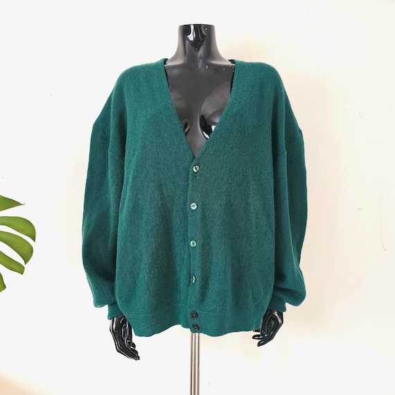 Vintage Green Wool Buttoned Cardigan // Retro Unisex Oversized Minimalist Knit Grandpa Sweater // Pure Virgin Wool // L XL // 90s Clothing