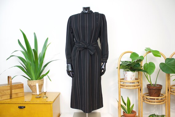 Vintage AROLA Black Striped Wool Dress // Midi Lon