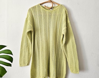 Vintage Women's Light Green Open-Knit Sweater // Retro Jumper // Pullover // L Large Sweater // 90s Clothing // Redok Made in Italy