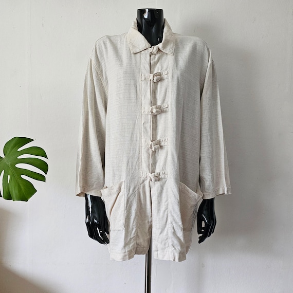 Vintage Women's White Viscose Linen Buttoned Blazer Jacket // XL Extra Large // 90s Clothing // No 1 Collection