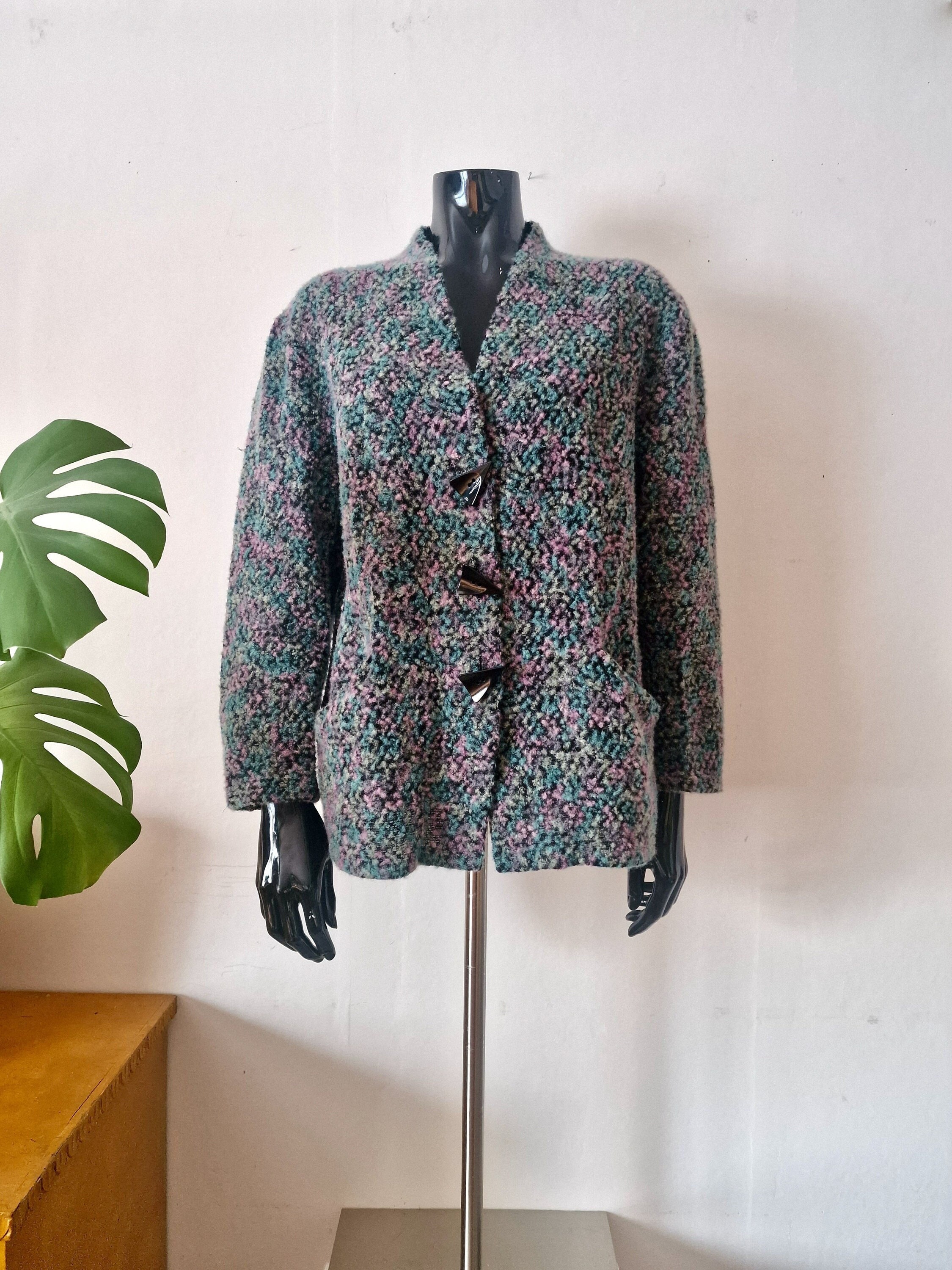 Vintage Women's Multicolored Wool Acryl Blazer // Retro Buttoned Cardigan // C 42 L Large // 90s Finnish Clothing // Amis Finland