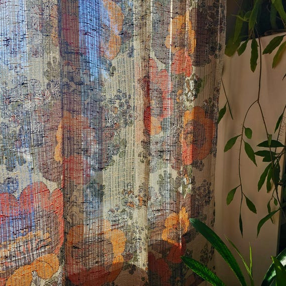 Vintage Vorhang Blumenmuster, off-white, // Lichtdurchlässiger Vorhang // Midcentury Gardinen // 60s Retro Home