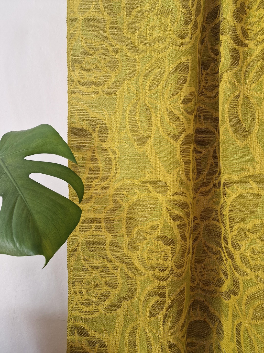 Vintage Green Yellow Floral Retro Curtain // Retro Panel // Midcentury