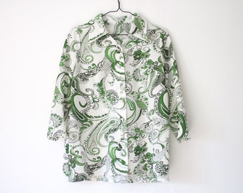 Blusa vintage blanca y verde abotonada para mujer // Camisa hippie con cuello moderno de los años 70 // Top moderno con mangas 3/4 // Talla grande // Ropa de los años 70