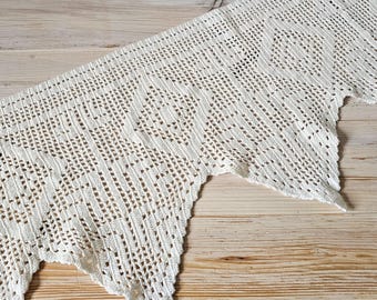 Vintage witte gehaakte gordijnvolant//handgemaakt katoenen kant retro raambekleding//boerderij keuken café gordijn//boho home decor