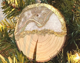 Blush Pink and Gold Geode Agate Wood Slice Ornament