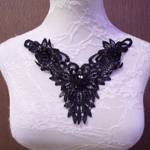 Beautiful Black Sequin Lace Applique, Round Neck, trim, appliqué, sequin appliqué.