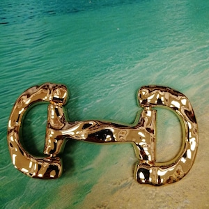 May include: A shiny gold-colored metal horse bit. The bit has a curved center bar and rounded D-shaped rings on each end. The background is a beach scene with turquoise water and a small island.