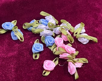 Satin ribbon roses, Sew on flowers, Pink roses, Blue roses, White Ribbon roses, Sewing, Craft, 20, 50, 100, roses, decoration,