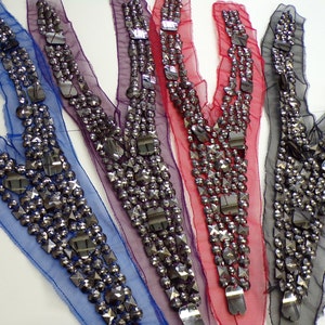 Beaded diamond mesh Collar, Applique, V Neck, 4 colours, jewel neck trim, stone trim