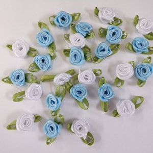 Satin ribbon roses, Sew on flowers, Blue or  White Ribbon roses, Sewing, Craft, 20, 50, 100, roses, decoration,