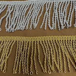 May include: Two rows of twisted fringe trim, one silver and one gold. The fringe is made of a shiny, metallic thread.