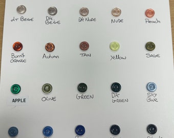 shirt buttons, 18L buttons, 2 hole buttons, buttons, coloured buttons, small buttons, replacement buttons.