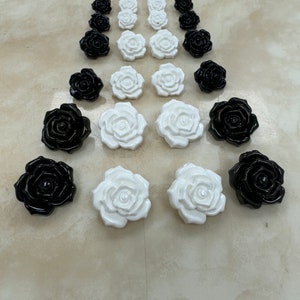 May include: A collection of black and white rose-shaped buttons. The buttons are arranged in rows, with the black buttons on top and the white buttons on the bottom.