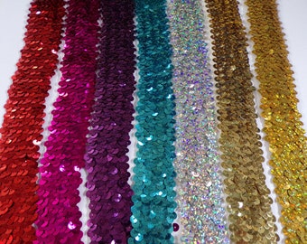 1 mètre, 3,6 cm de large, bordure extensible à sequins, élastique à sequins, bande de sequins, couture extensible de sequins, créations capillaires, bordure élastique à sequins