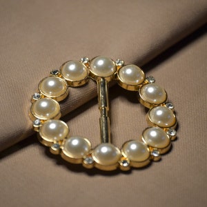 Round Pearl with diamante buckle, vintage buckle, gold buckle, dress buckle, pearl buckle