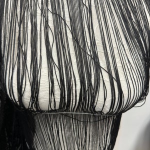 Puede incluir: Tela de ribete de flecos negros. Los flecos están hechos de hilos negros finos que se tejen juntos para crear un aspecto delicado y fluido.