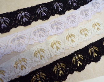 4cm wide Fine Stretch Lace Trim, Stretch Lace with lurex for Sewing, Craft, lurex lace, lace