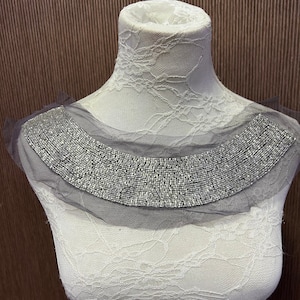 Brown or grey Beaded Applique, Beaded Neck Trim, Decoration Tri for dress, top, dancewear, brown trim, grey neck trim, neck trim