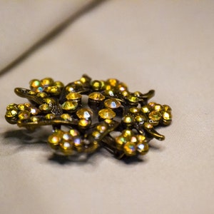 May include: A gold-toned brooch with a floral design, featuring a cluster of iridescent yellow rhinestones.