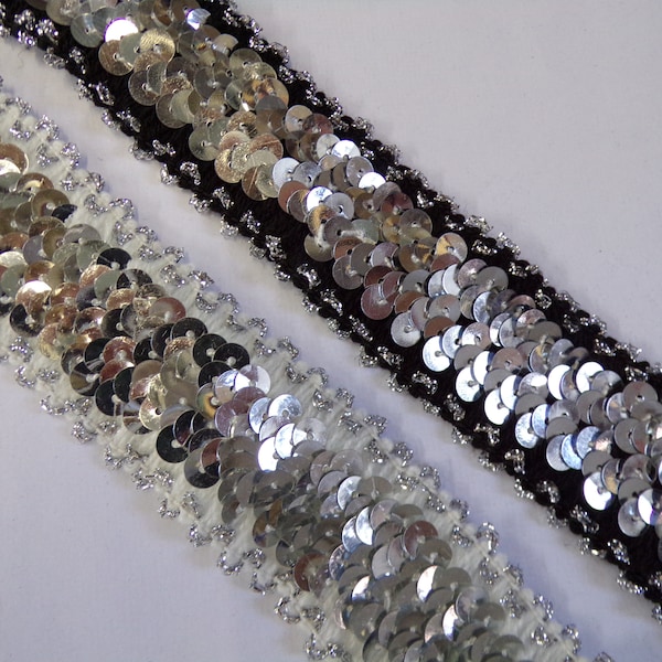 Élastique noir blanc à paillettes de 3,5 cm de large, élastique en lurex, bordure extensible à paillettes, couture décorative, paillettes, paillettes extensibles