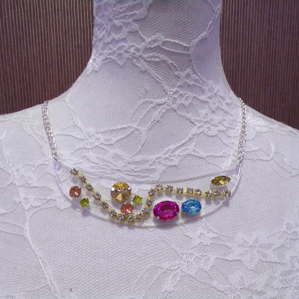 Diamante Colourful Clear Necklace, Fancy Beaded Jewel, Perspex necklace, jewel necklace. Necklace