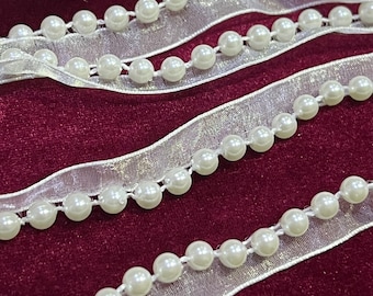 White Beaded Edging Trim with organza, Faux Pearl on trim, Pearl trim, Edging lace, Bridal Trimming, Pearl Edging Trim, Sash Pearl Wedding,