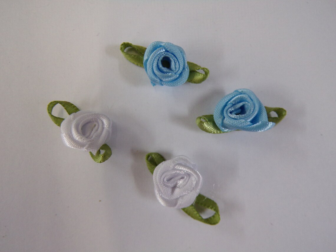 Satin Ribbon Roses, Sew on Flowers, Blue or White Ribbon Roses, Sewing ...