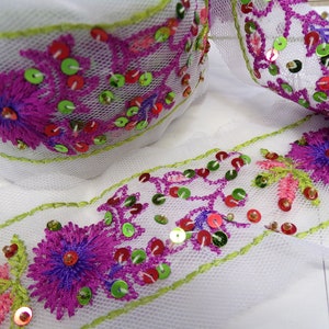 Embroidered Lace Trim with Sequins for Sewing Craft Dress, 6cm wide, sequins lace, sequin on mesh, rainbow trim, purple trim