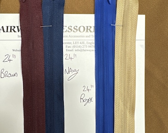 24" zips, 61cm zips, invisible zips, coloured zips, dress zips, cc4 zippers, concealed zips, zippers, replacement zips, garment zips