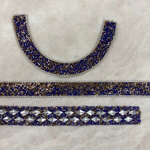 May include: Three pieces of blue and gold beaded trim. The trim is made of small, round beads and rhinestones. The trim is perfect for adding a touch of sparkle to any project.