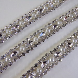 Diamante Pearl Beaded Trim, Iron on Rhinestone Ribbon for Bridal, Sash Diamante Wedding, Belt, Hat, Bag, Craft, iron on diamante, diamante,