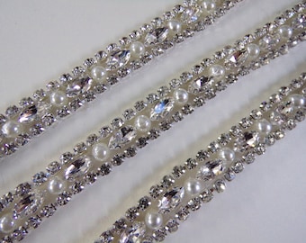 Diamante Pearl Beaded Trim, Iron on Rhinestone Ribbon for Bridal, Sash Diamante Wedding, Belt, Hat, Bag, Craft, iron on diamante, diamante,