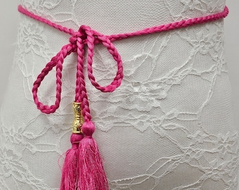 Braided tassels, braided belt, tassel belt, tassels, pink braids, pink tassels, plaited belt, pink belt, boho tassel belt, pink plaited belt