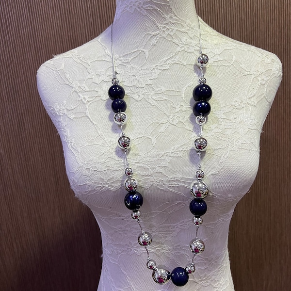 Oversized Midnight Blue with Silver beaded Necklace, Multiple of colours, Oversized Necklace, Beaded Decor, Beaded Neckalce, home Decor