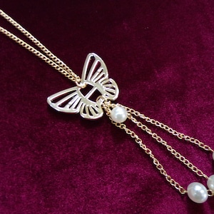 Long Gold Butterfly Necklace with beads & chain, butterfly pendant