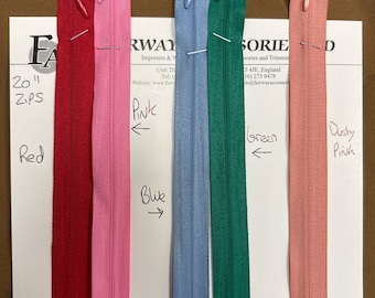 20" zips, 51cm zips, invisible zips, coloured zips, dress zips, cc4 zippers, concealed zips, zippers