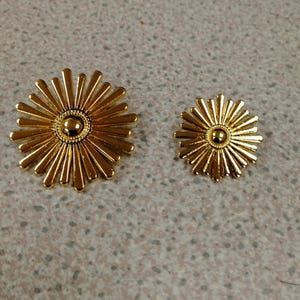 May include: Two gold-toned metal buttons or decorative accents shaped like sunbursts or daisies. Each piece features a central raised dome surrounded by a textured ring, with thin, radiating rays extending outward to form a circular flower-like shape.